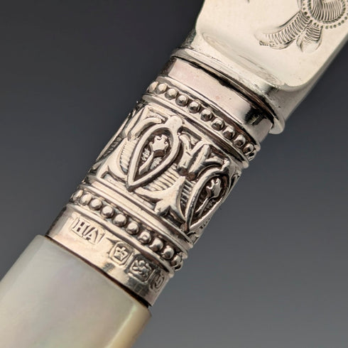 1900 年英國古董純銀刀片白色珍珠柄甜點餐具 6 副套裝阿特金兄弟